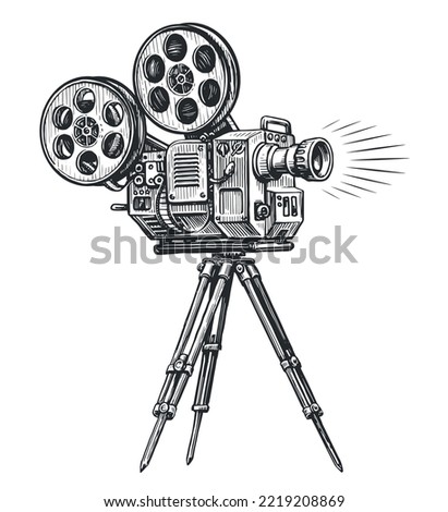Retro movie camera sketch. Filming, film shooting concept. Film, tv equipment drawn in vintage engraving style Royalty-Free Stock Photo #2219208869