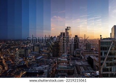 Conceptual, sliced day to night time lapse view of the financial office skyscrapers at the City of London, United Kingdom