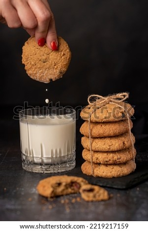 Food photography of oatmeal cookies, biscuits, milk, glass