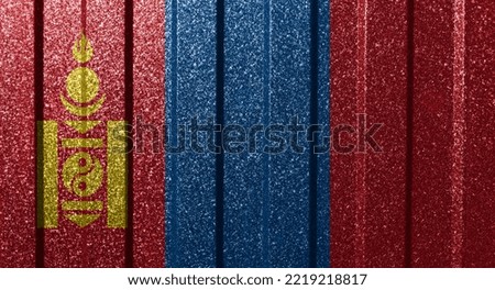 Textured flag of Mongolia on metal wall. Colorful natural abstract geometric background with lines.