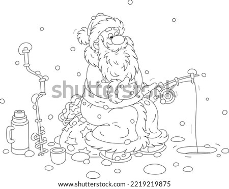 Santa Claus sitting on his gift bag and fishing with a small rod near a drilled ice hole on a frozen winter lake, black and white outline vector cartoon illustration for a coloring book page