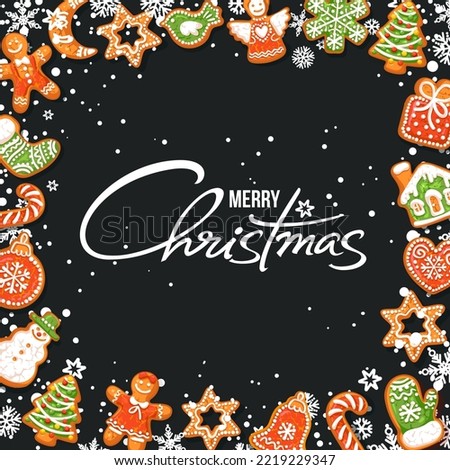 White text Merry Christmas isolated on dark background with gingerbread cookies and snowflakes. Christmas holiday typography. Vector illustration.