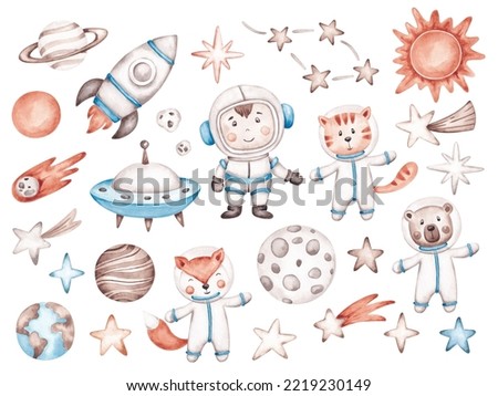Astronaut set isolated on white background. Hand drawn by watercolor. Cute kids design in cartoon style. Planets, rocket, stars, space objects, fox, bear, cat