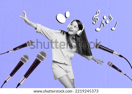 Photo cartoon comics sketch picture of happy smiling small lady having fun singing isolated drawing background