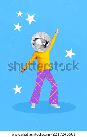 Vertical collage image of overjoyed person big disco ball instead head dancing point fingers isolated on drawing background