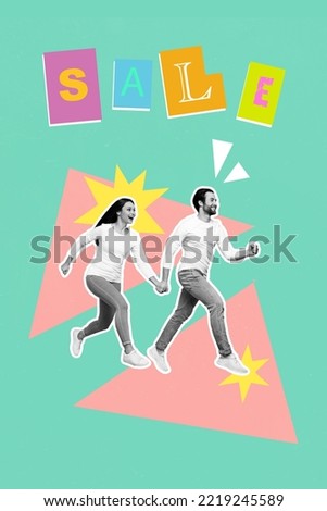 Vertical collage picture of two excited overjoyed people black white colors hold arms running sale promo isolated on painted background