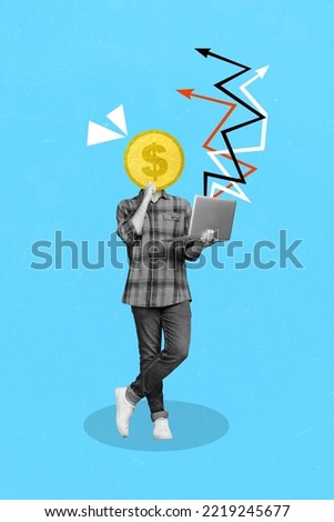 Collage 3d image of pinup pop retro sketch of thoughtful smart guy cent instead of head creating startup isolated painting background