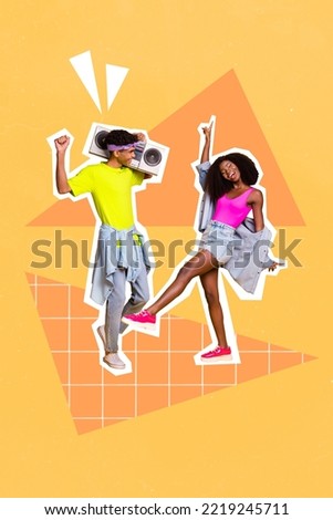 Vertical creative photo collage illustration of funny funky couple girl guy dancing have fun at party isolated on orange color background Royalty-Free Stock Photo #2219245711