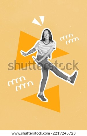 Vertical collage image of excited carefree girl black white gamma enjoy dancing isolated on drawing background