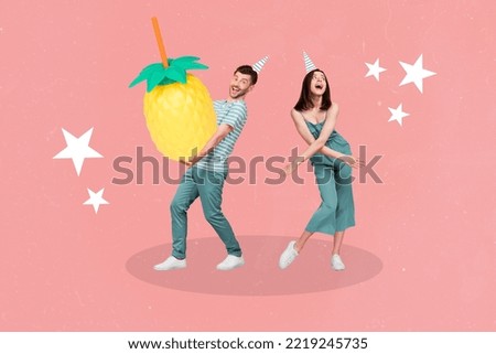 Artwork magazine picture of funny funky crazy lady guy having fun enjoying beverages isolated drawing background