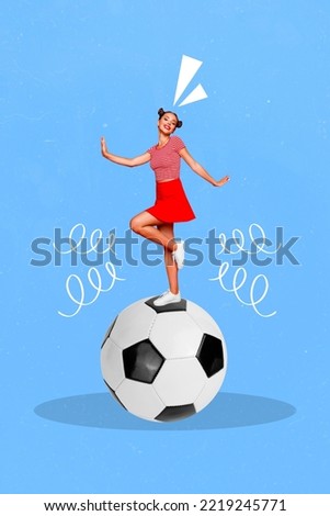 Vertical collage portrait of excited positive girl stand big football dancing isolated on painted background
