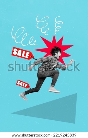 Collage photo of funny excited crazy hurry running idea season shopping offer sale pricetag nice offer cheap black friday isolated on blue color background