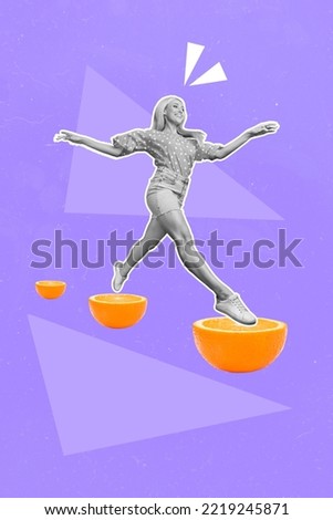 Vertical collage picture of excited cheerful girl black white gamma jump between half orange isolated on purple creative background