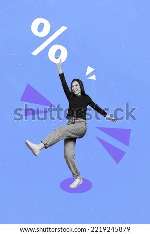 Vertical collage illustration of excited overjoyed girl black white gamma celebrate sale isolated on creative background