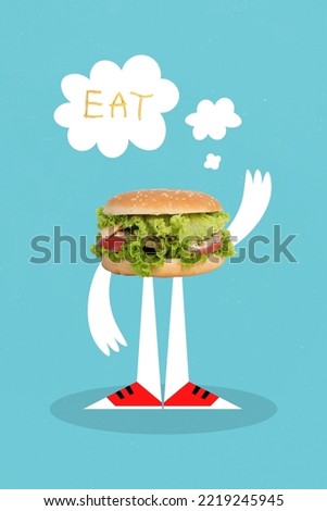 Vertical creative collage photo illustration of burger with hands feet waving palm invite eat him isolated on blue color background