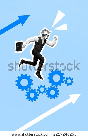 Vertical collage picture of running jumping guy black white gamma raccoon head drawing arrows upwards configuration gear symbols