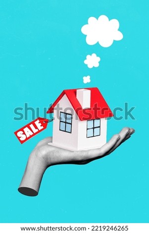 Collage photo of abstract creative hand hold mini house realtor for sell shopping new real estate offer proposition isolated on blue color background