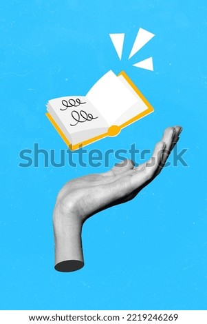 Vertical collage illustration of big human hand black white effect little opened book notebook isolated on blue background