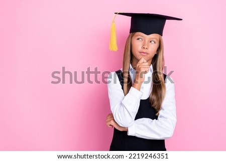 Photo of schoolchild deep thinking brainstorming lecture homework isolated on pastel color background
