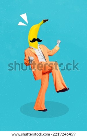 Artwork magazine picture of funny funky crazy guy banana instead of head rising fists isolated drawing background
