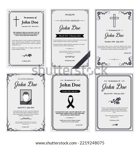 Condolence obituary card layout. In loving memory of, funerals invitation cover with black ribbon corner and grief sheet vector set of obituary layout, funeral template illustration Royalty-Free Stock Photo #2219248075