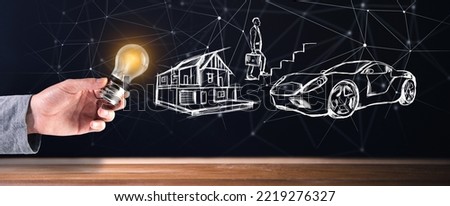 illustrated house, car and businessman climbing stairs. Light bulb in hand. Career growth concept.