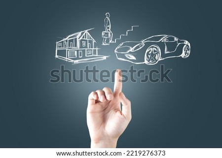 illustrated house, car and businessman climbing stairs. Career growth concept. Man tapping on the screen