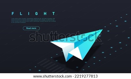 Concept of flight. Paper plane, advertising poster or banner for website. Travel, trip and tourism. Modern technologies and digital world. Business, landing page. Isometric neon vector illustration
