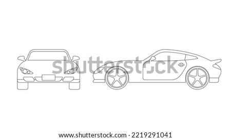 Sports car line drawing illustration. Front view and side view.