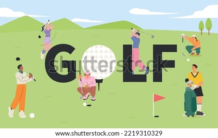 Many people are playing golf on the golf field. flat vector illustration.