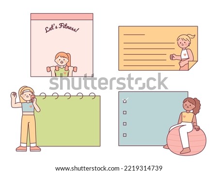 Girls characters exercising with notes for exercise record. flat vector illustration.