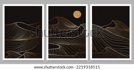 Mountain desert line art print on set. Abstract mountain contemporary aesthetic backgrounds landscapes. with mountain, desert, skyline and moonlight. vector illustrations Royalty-Free Stock Photo #2219318515