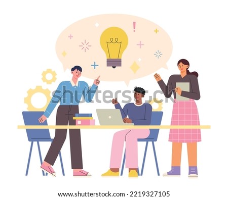 People are sitting at the table, actively discussing opinions and brainstorming. flat vector illustration.