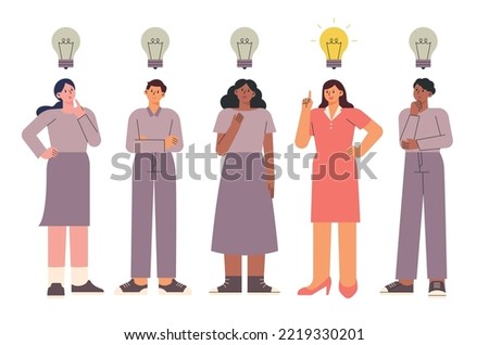 people stand side by side They have their own light bulbs above their heads. A woman lit a light bulb above her head. flat vector illustration.