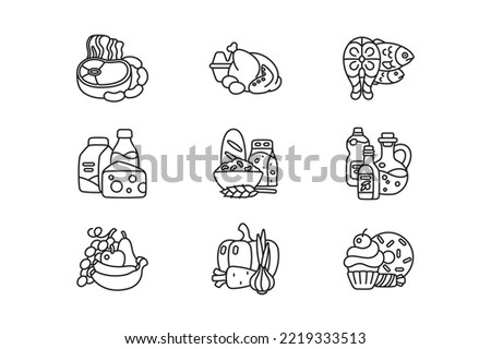Food products icons set line vector illustration. Meat products, dairy produce, bakery, seafood, fruits and vegetable and sweets flat concept