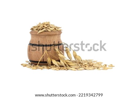 Oat grains with hulls or husks in small wooden barrel isolated on a white background. Agriculture, diet and nutrition. Common oat or Avena sativa Royalty-Free Stock Photo #2219342799