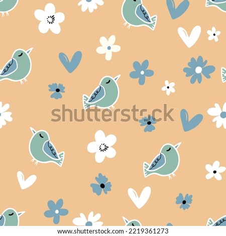Seamless pattern with funny colorful birds. Color flat vector illustration with little cartoon bird. Cute characters. Template design for invitation, poster, card, flyer, textile, fabric for kids.