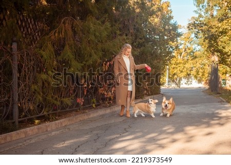 beautiful woman walks with two corgi dogs in park in fall. Happy, smiling, portrait. coat