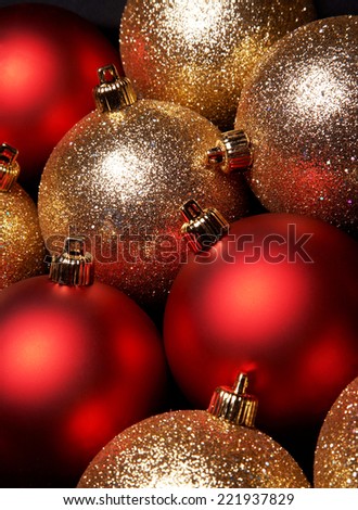 Many christmas balls background closeup