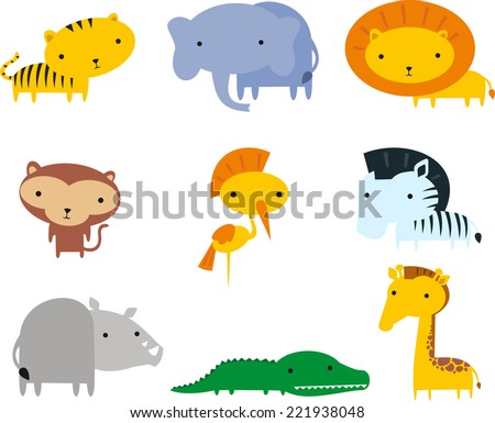 Jungle animals themes icon set, with tiger, elephant, lion, monkey, zebra, hippo, crocodile and giraffe vector illustration. 