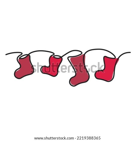 christmas socks stockings hanging on a rope isolated on white background drawn in one line. Merry christmas concept. Vector illustration