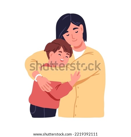 Child hugging mother. Happy kid and mom feeling love, joy. Parent caring about smiling little boy. Family, adult woman and son cuddling together. Flat vector illustration isolated on white background Royalty-Free Stock Photo #2219392111