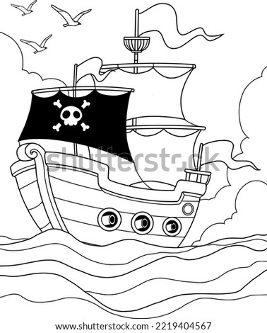 Coloring page cartoon pirate ship in the middle of the sea there are seagulls flying through