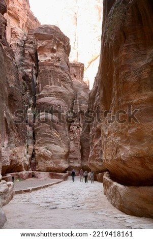 Petra, Jordan, November 2019 - A close up of a canyon with Petra in the background