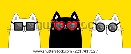 Cat contour outline set wearing sunglass eyeglasses. Round, heart square shape sunglasses. Black lenses. Cute cartoon kawaii funny character. Kitten in eyeglass. Yellow background. Flat design Vector