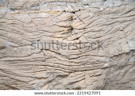 Close-up of texture ancient light beige marble with cracks. Natural stone surface, texture use for design and wallpaper background. Granite abstract pattern, nature marbling. Surface, space for text