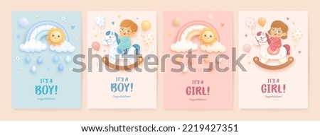 Set of baby shower invitation with cartoon girl, boy, rocking horse, rainbow, sun on pink, blue, beige background. It's a girl. It's a boy. Vector illustration