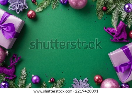 Christmas concept. Top view photo of lilac gift boxes pink violet baubles deer flower snowflake ice skates ornaments fir branches and sequins on isolated green background with copyspace in the middle