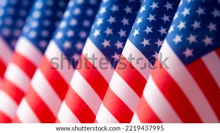 United States of America flags in a row, close up, selective focus