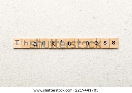 Thankfulness word written on wood block. Thankfulness text on cement table for your desing, concept.
